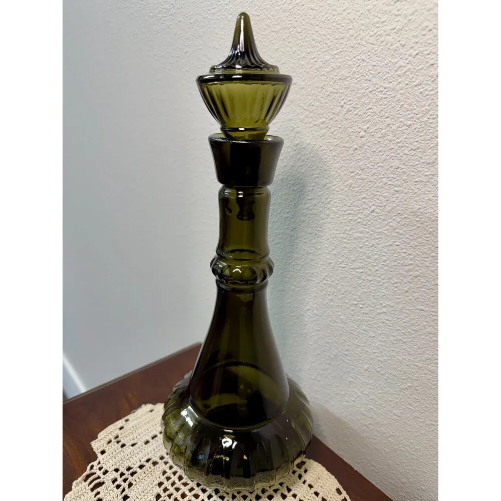 1964 Jim Beam Genie Bottle Decanter, Olive Green Glass, Mid-Century Barware